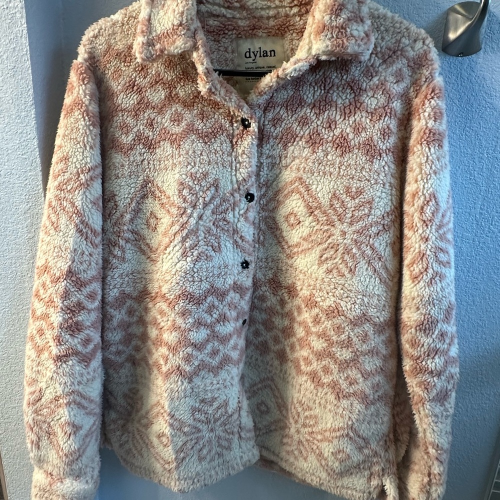 Dylan Pink and Cream Cozy Sherpa Quarter Button Geometric Print Pullover Jacket